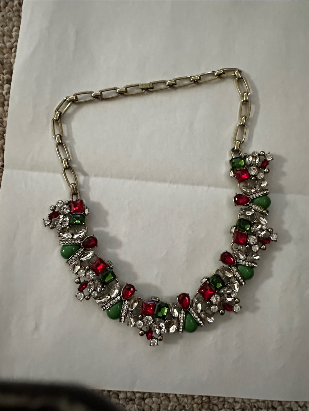 Charming Charlie Gold-Tone Necklace with Red  and Green Gem Accents